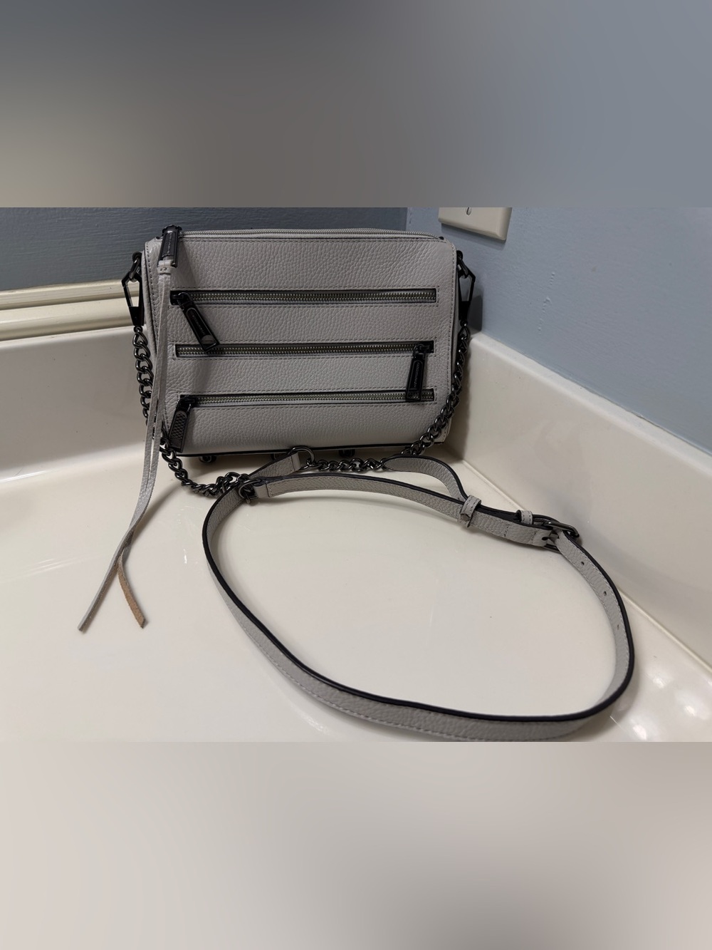 Rebecca Minkoff Light Gray Crossbody Bag with Gunmetal Chain Strap